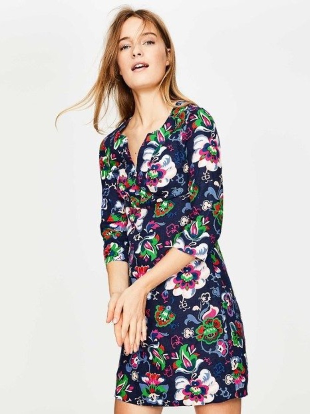 Boden Navy Floral Print Linen Dress Size 16
